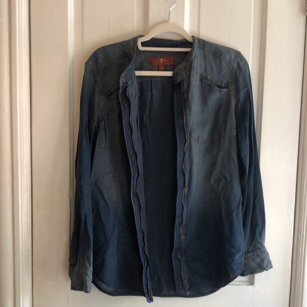 7 For All Mankind Zip Up Button Up Long Sleeve Chambray Shirt Blouse Size Medium